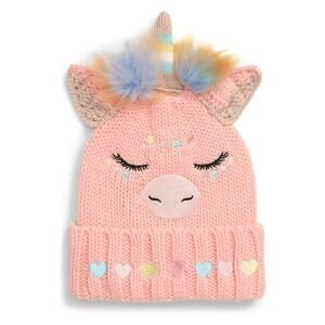 Under One Sky Girl's Pink Faux Fur Cable Knit Unicorn Beanie Hat Kids Size S